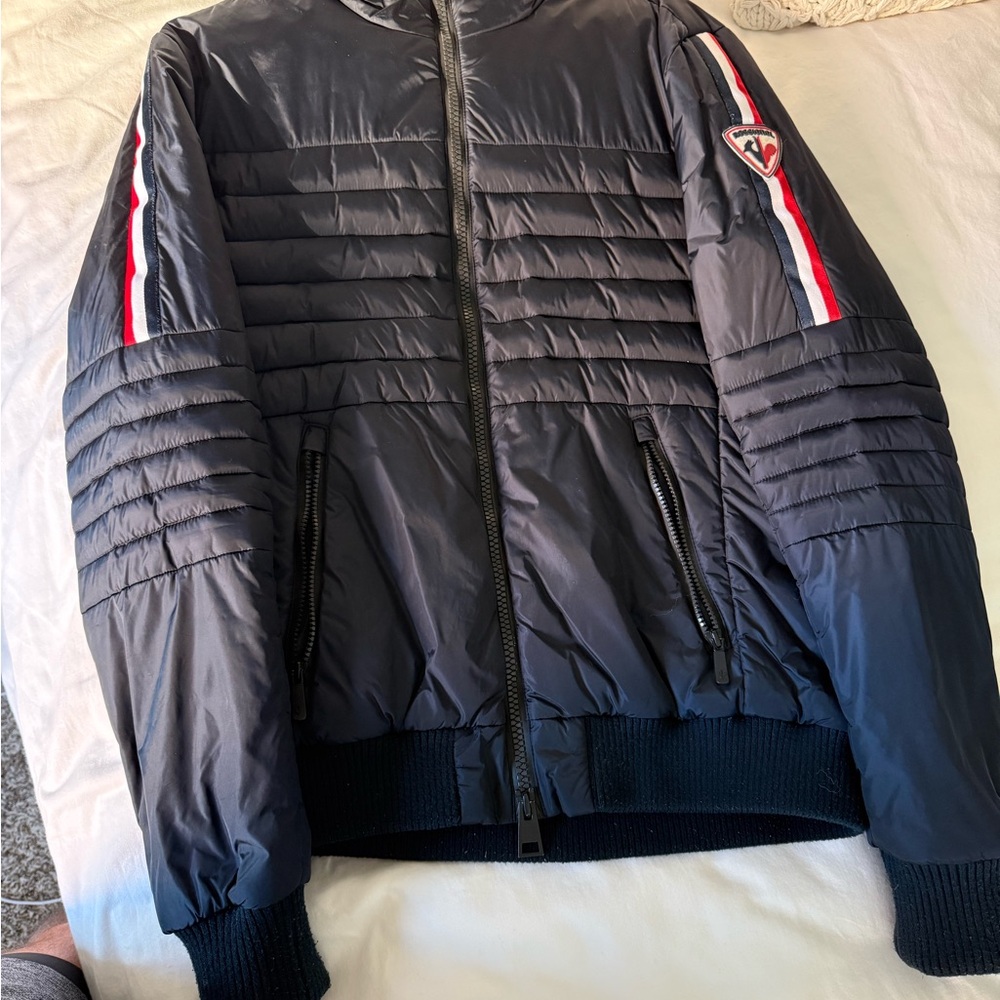 Rossignol Men's Dark Blue Puffer Jacket with Red and White Accents - Large